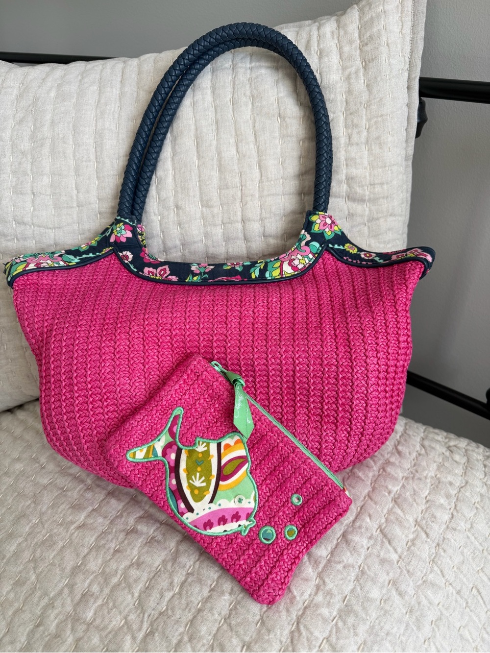 Vera Bradley Bundle Pink Petal Paisley Straw Bucket & Retired Tutti Frutti Pouch